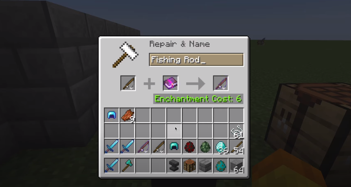 Minecraft inventory displaying items for using lure enchantment.