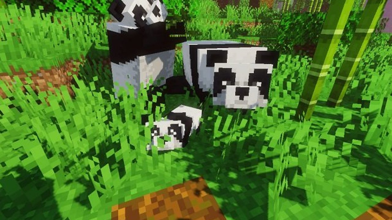 hree Pandas in Grass in Minecraft